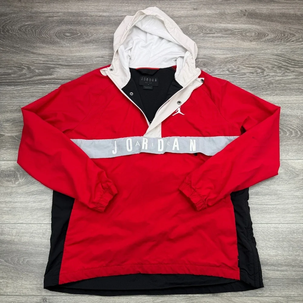 Air Jordan Jacket Mens Medium Red Spellout Windbreaker Jumpman Side Zip Hooded